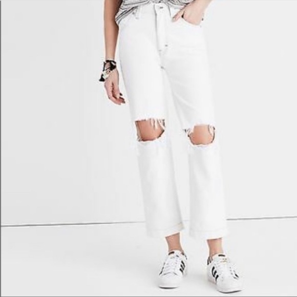 Madewell × Where I Was From straight leg cropped jean white distressed knees 27 - Picture 2 of 6